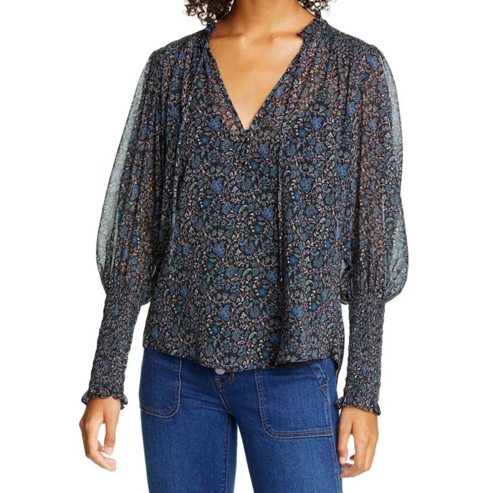 Veronica Beard Blue Floral Blouse Balloon Sleeve Black Cami Poly Chiffon Size 0